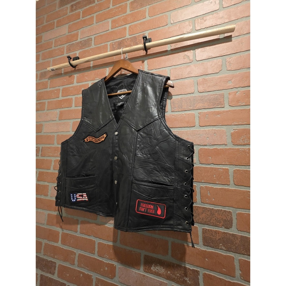 Diamond Plate Buffalo Leather Biker Motorcycle Vest Large  Patches.        Sku 3 - Picture 3 of 14
